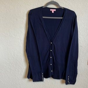 Lilly Pulitzer Navy Blue Pearl Button Down Cardigan Peplum Sweater,  Size L
